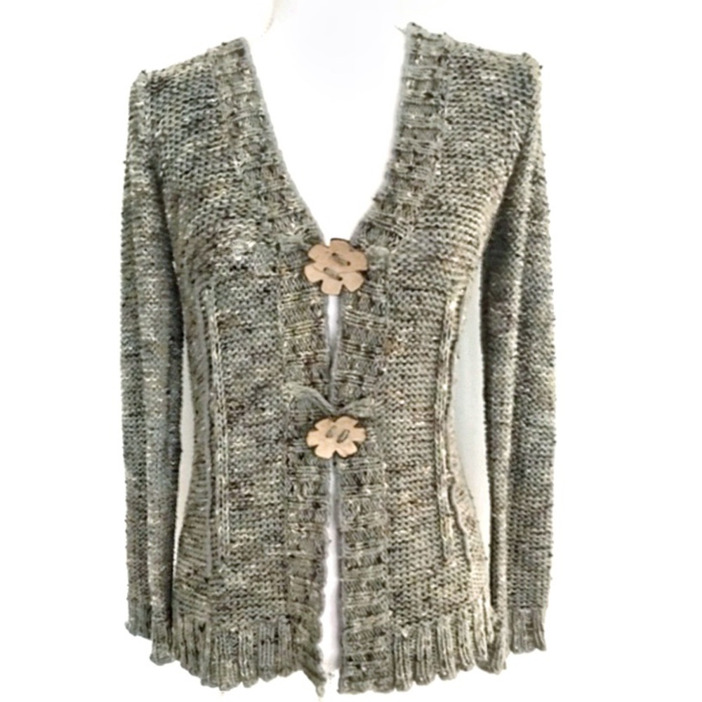 BCBGMaxAzria Boho Scalloped Edge Button Front Knit Cardigan Wood FlowerButton S - Picture 1 of 16